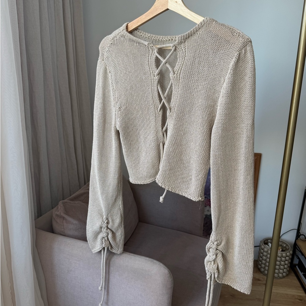 Lace-Up Knit Top, Tan/Sand, Zara, M - Picture 3 of 10